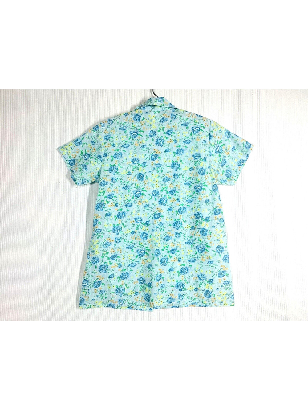 Vtg 60s Blue Rose Print Shirt M L Cotton Blend Retro Collar Sears Perma Smooth - Picture 6 of 7